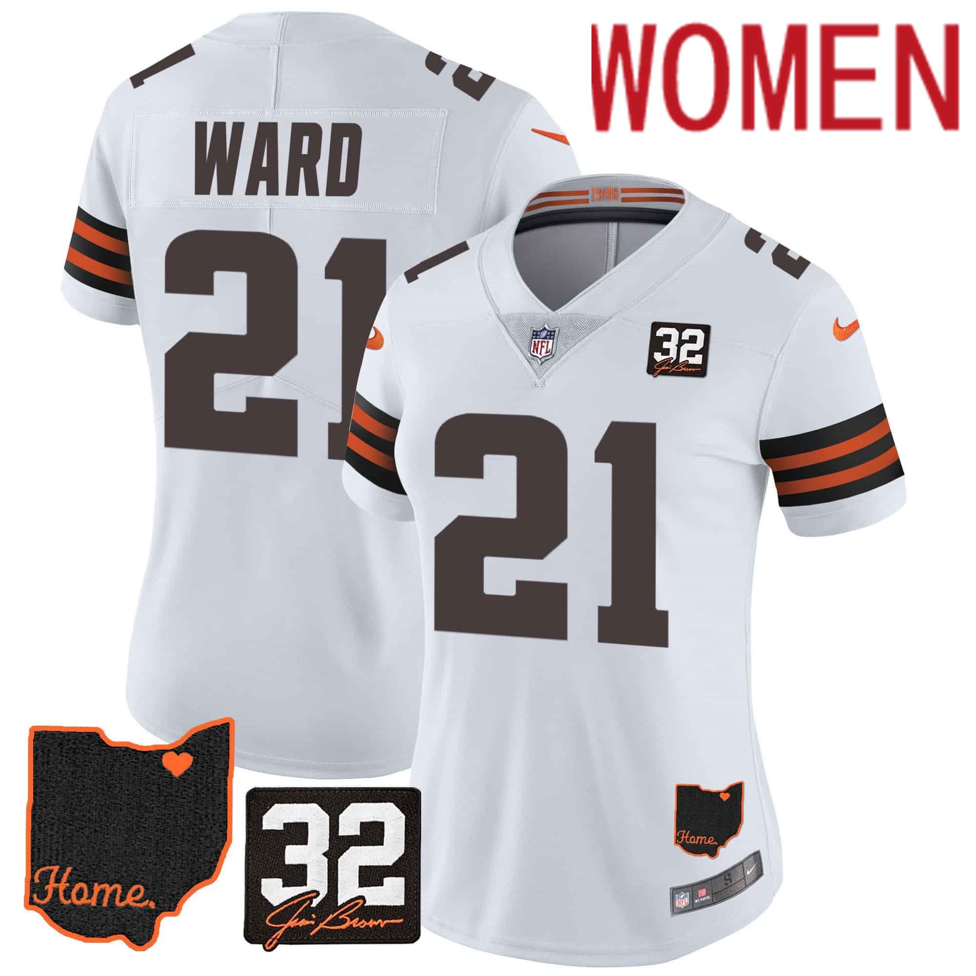 Women Cleveland Browns 21 Ward White Memorial Home Patch 2024 Nike NFL Jersey